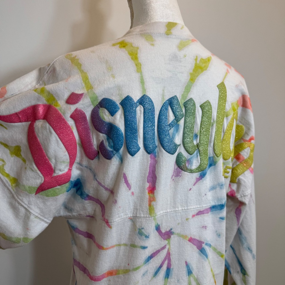 Disney Spirit Jersey Disneyland Resort Rainbow Tie Dye Glitter Puff Print XS